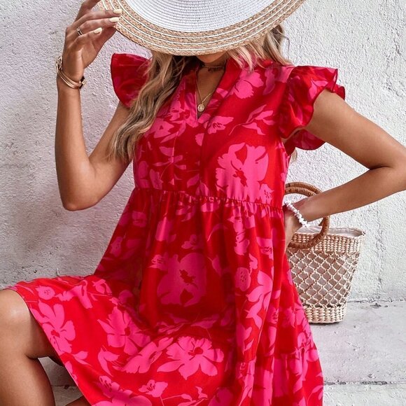 Red Boho Womens Floral Print Butterfly Sleeve Ruffle Hem Smock Dress - Picture 3 of 5
